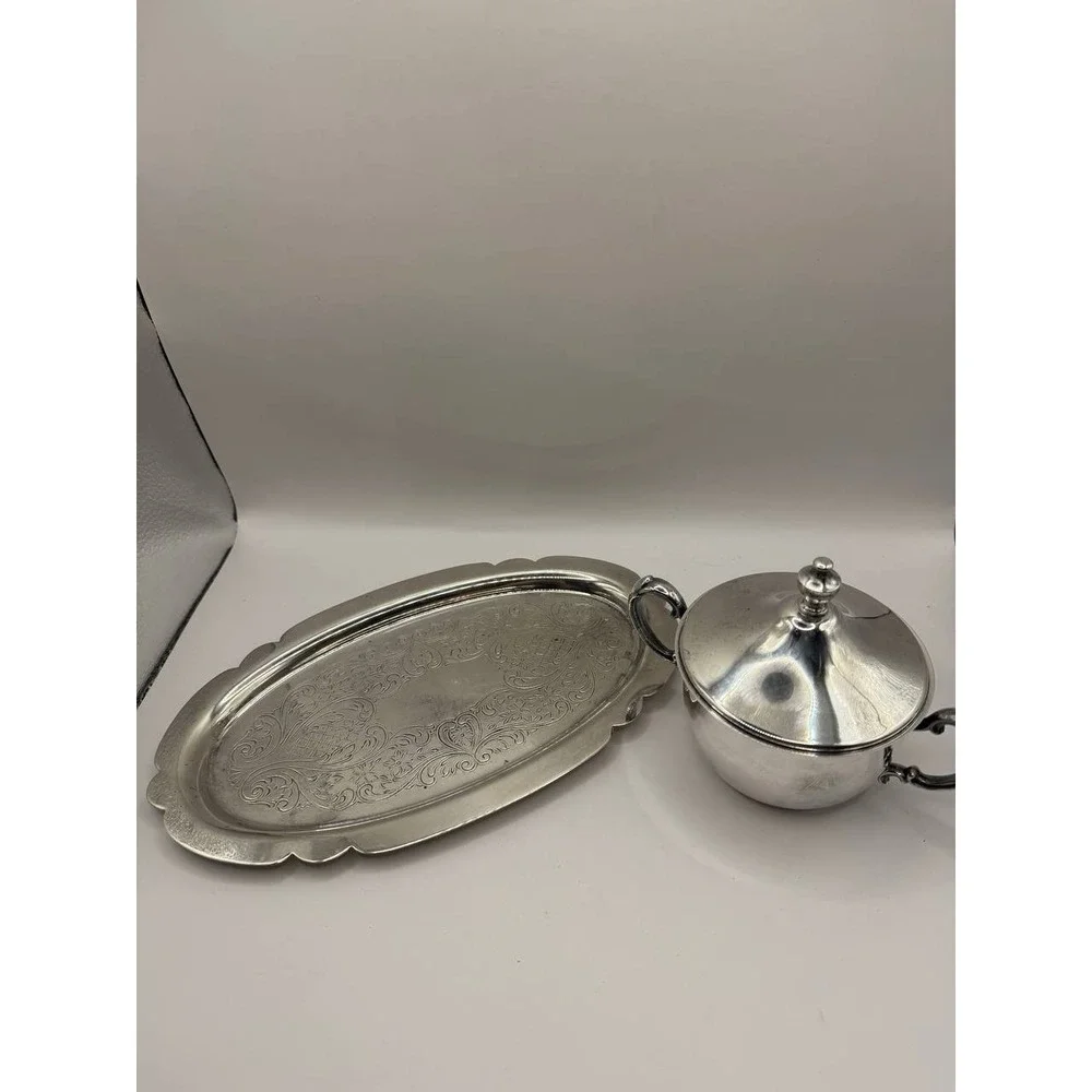 Sheridan Silverplated Sugar Bowl with‎ Lid & Tray Set, Vintage 10
